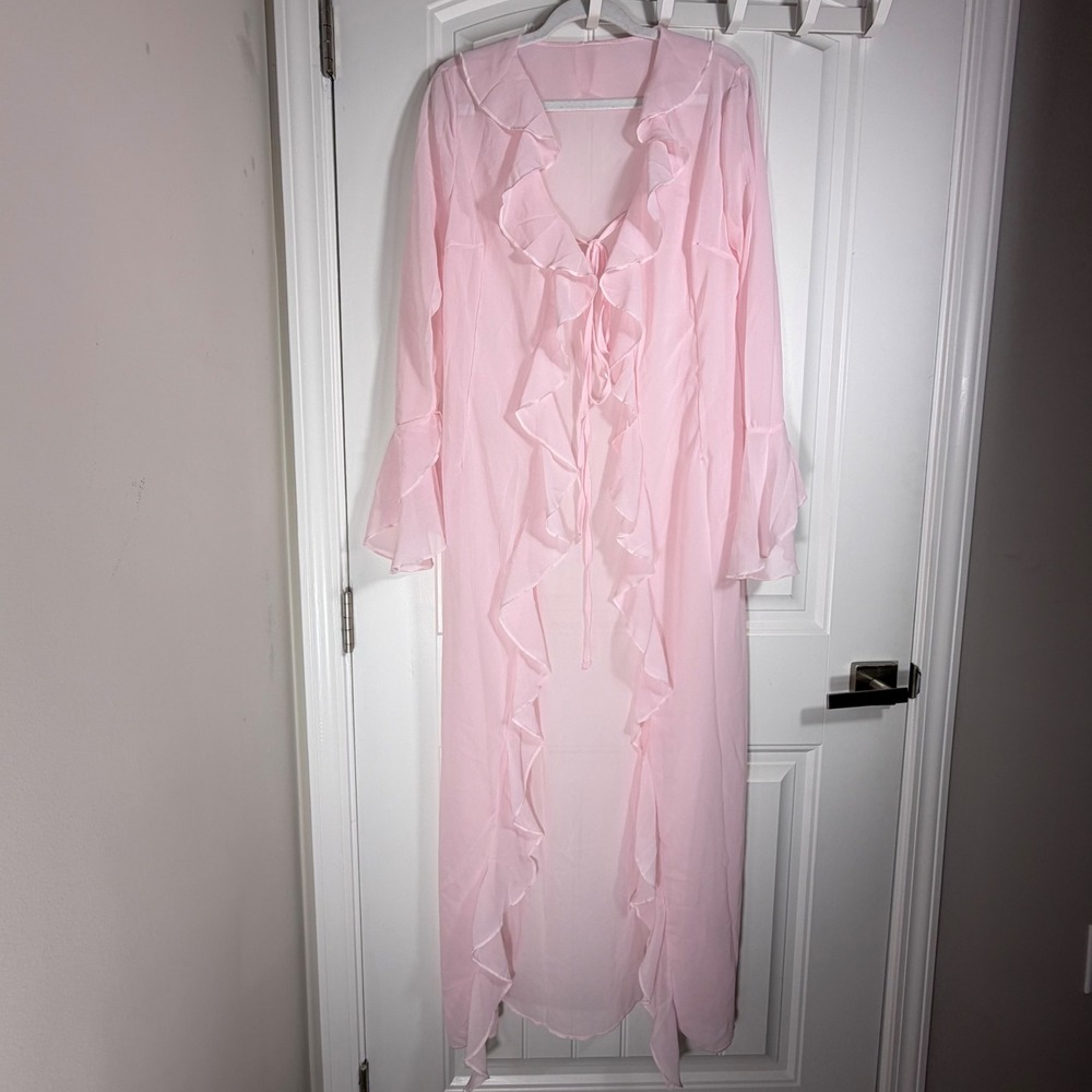Sheer Pink Ruffle Maxi Robe Long Bell Sleeve Chiffon Cover Up Tie Front 60" L
